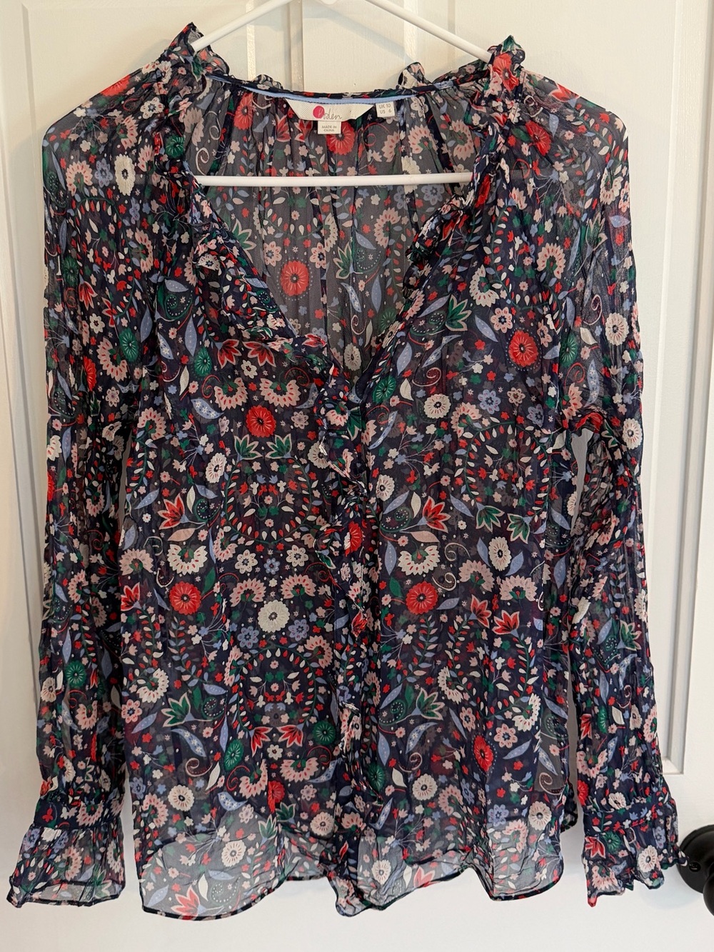 Boden Sadie 100% Silk Floral Ruffle Blouse Navy Women’s Size 6